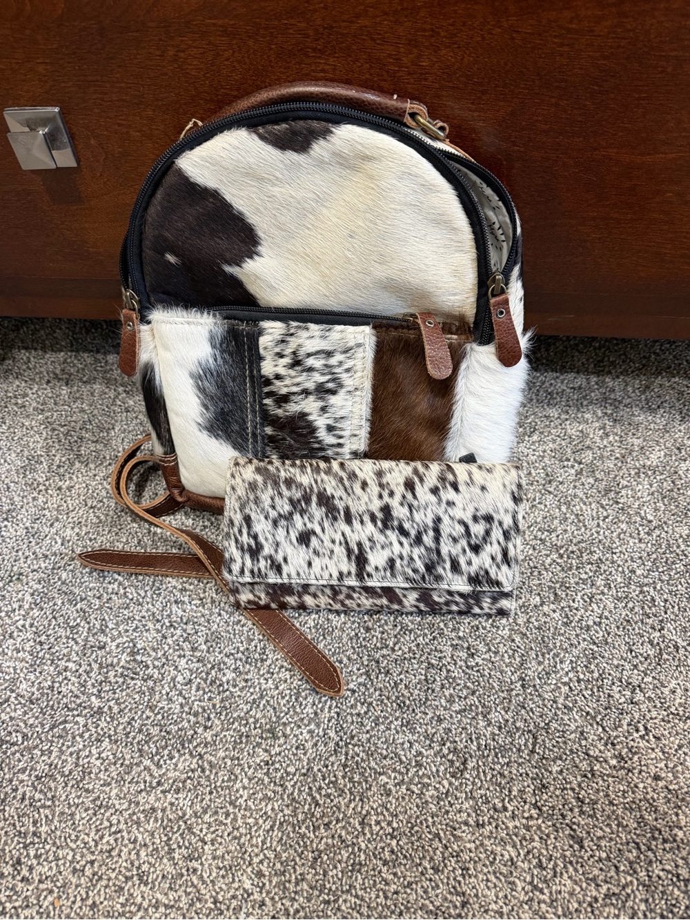 Myra Bag Patchwork Cowhide Mini Backpack - Brown White Black - Picture 4 of 6